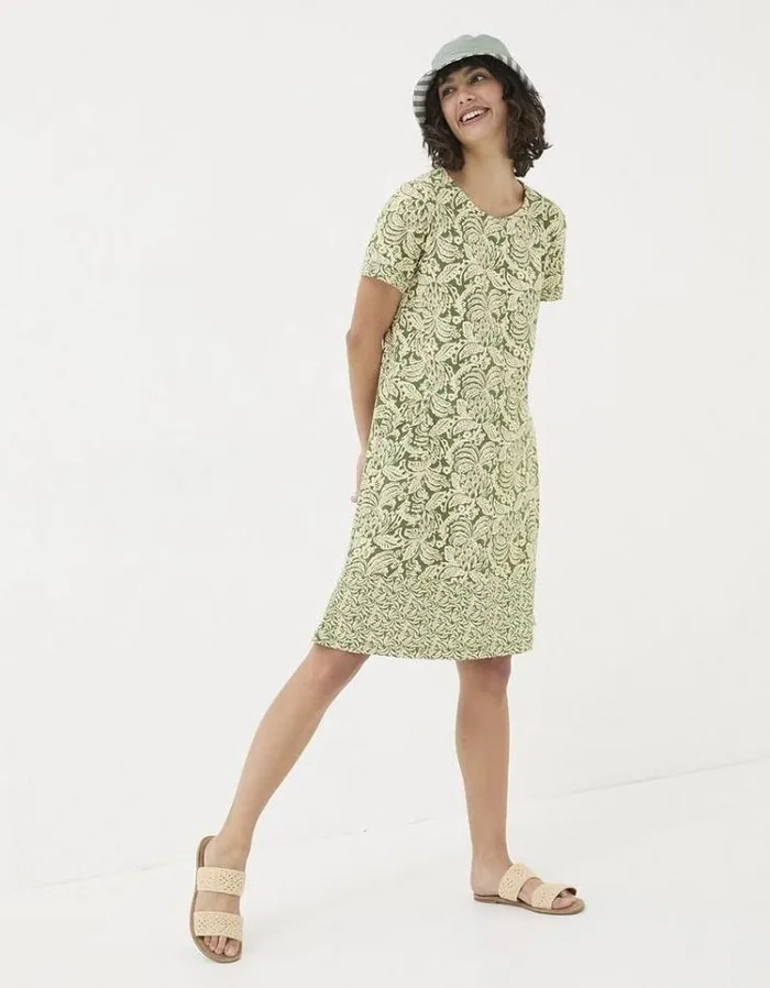 Women FatFace Festival Collection Simone Damask Floral Jersey Dress Dark Green