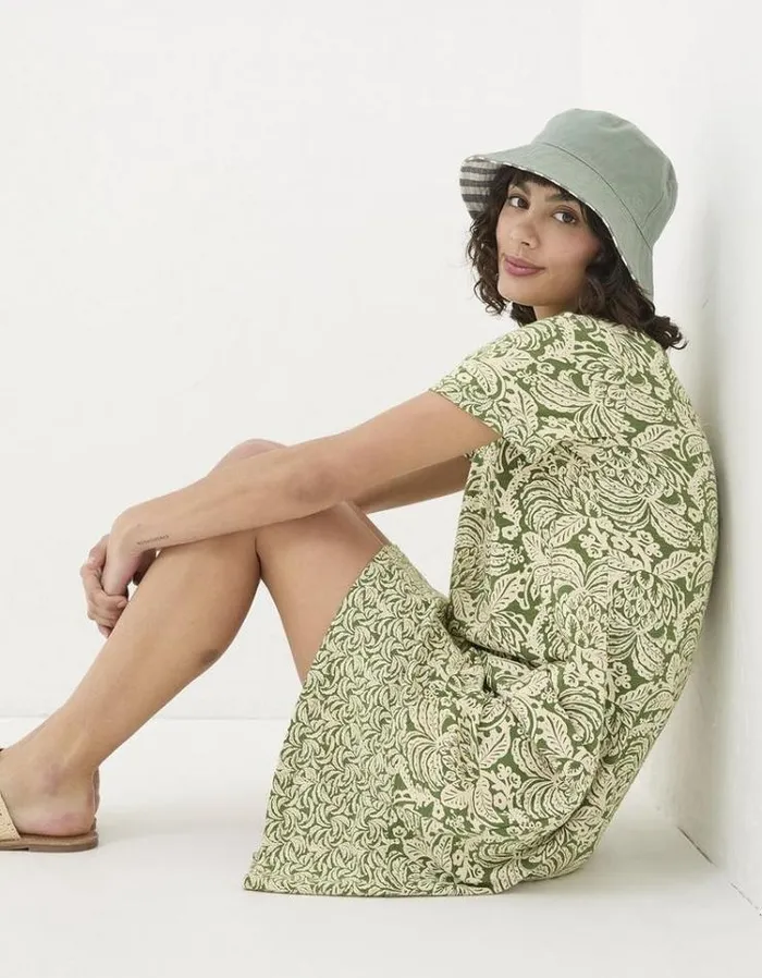 Women FatFace Festival Collection Simone Damask Floral Jersey Dress Dark Green