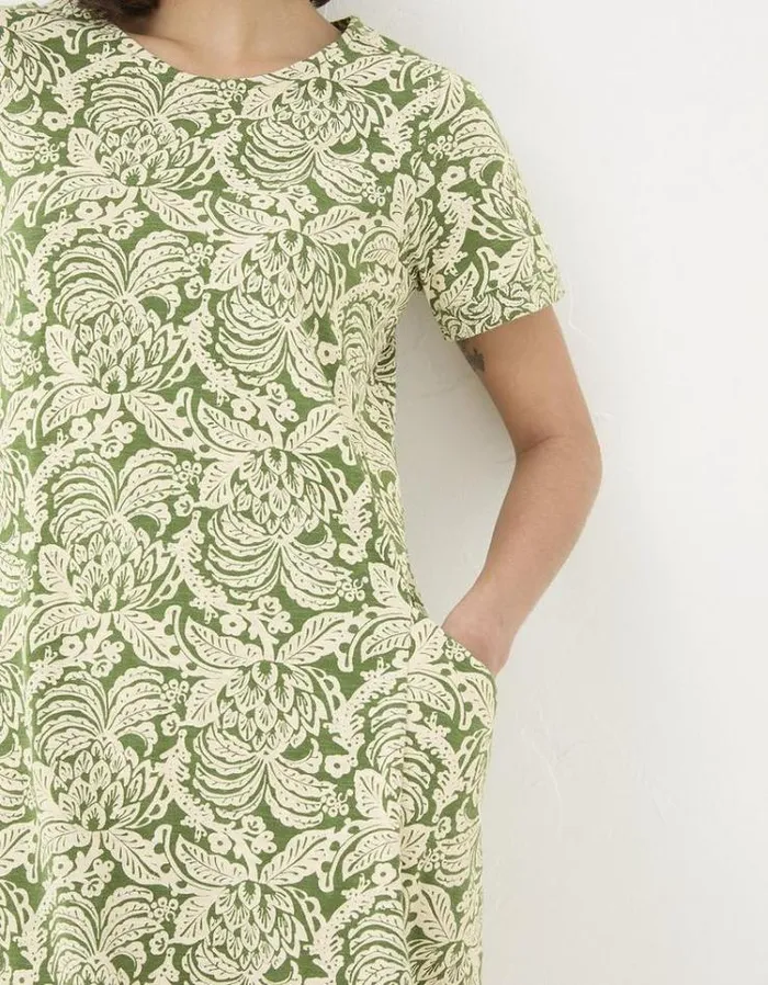 Women FatFace Festival Collection Simone Damask Floral Jersey Dress Dark Green