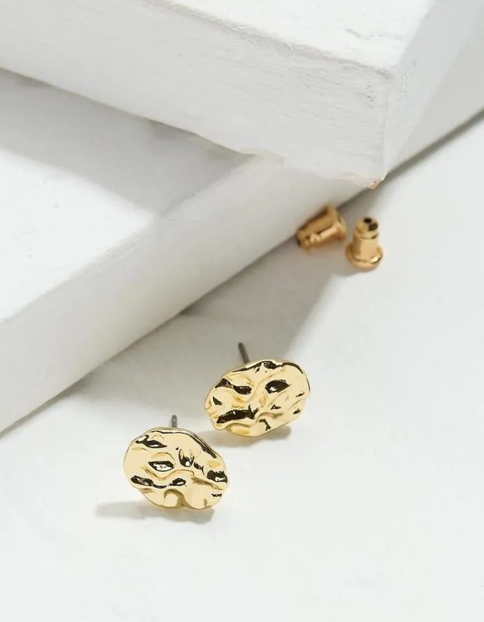 Women FatFace Jewelry Hammered Stud Earrings Gold