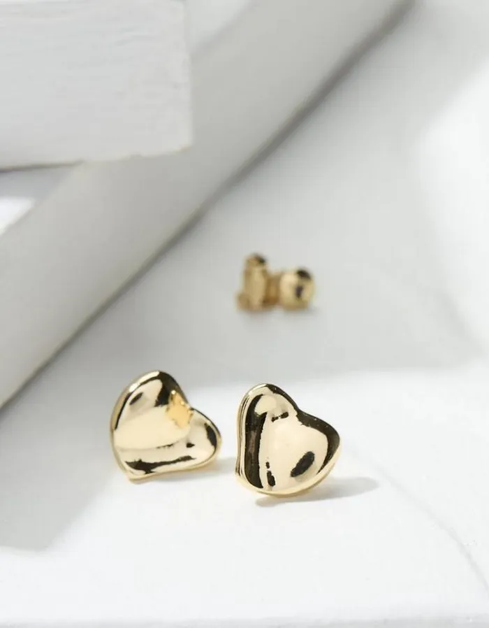 Women FatFace Jewelry Heart Stud Earrings Gold