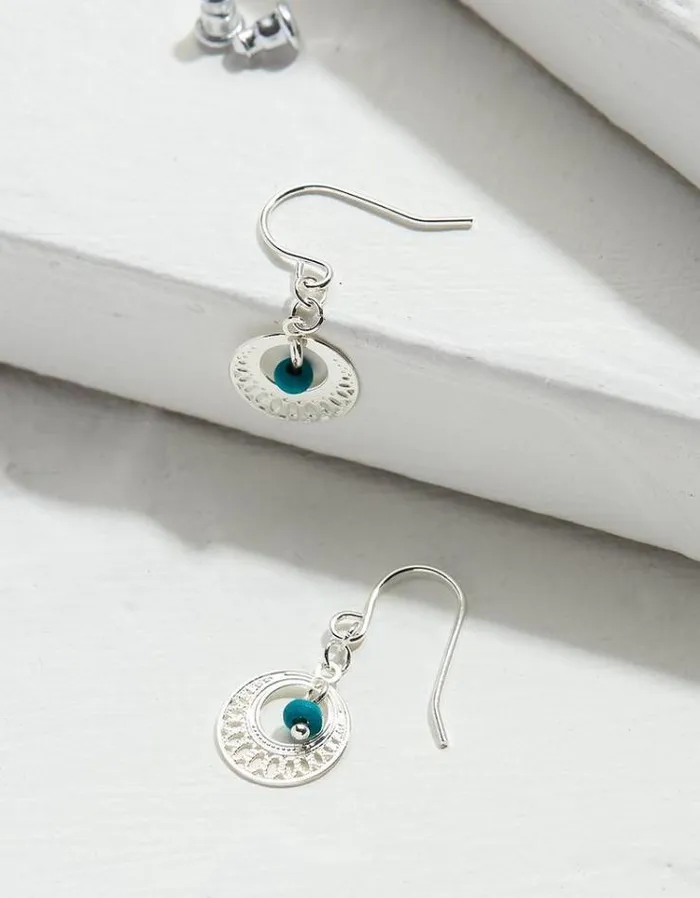 Women FatFace Jewelry Turquoise Stone Fillagree Earrings Silver