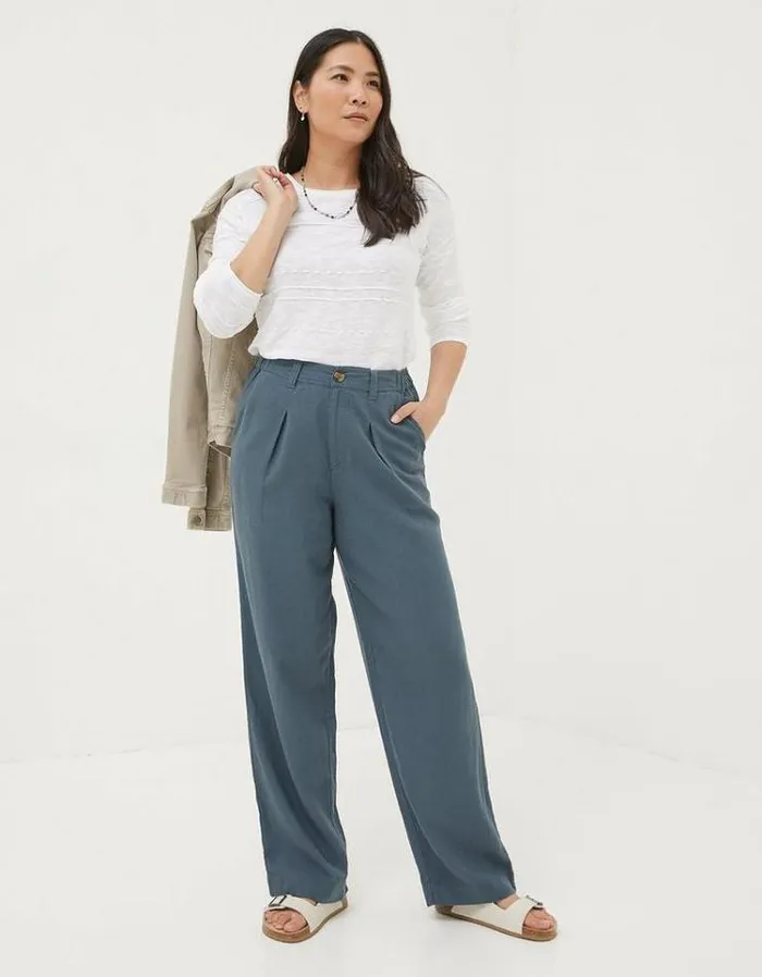 Women FatFace Pants and Leggings Pendeen Linen Blend Pants Teal Blue