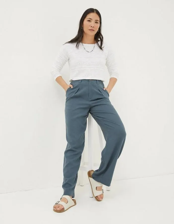 Women FatFace Pants and Leggings Pendeen Linen Blend Pants Teal Blue