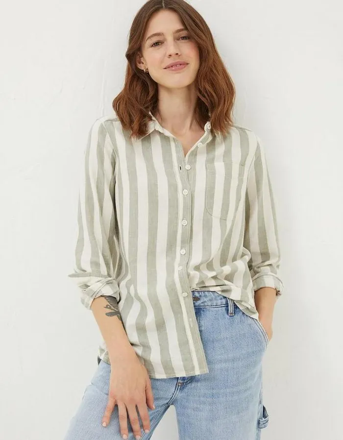 Women FatFace The Coord Collection Olivia Stripe Linen Blend Shirt Green