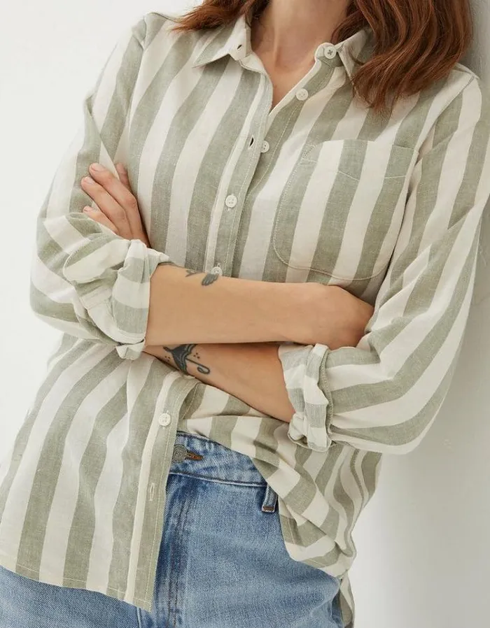 Women FatFace The Coord Collection Olivia Stripe Linen Blend Shirt Green