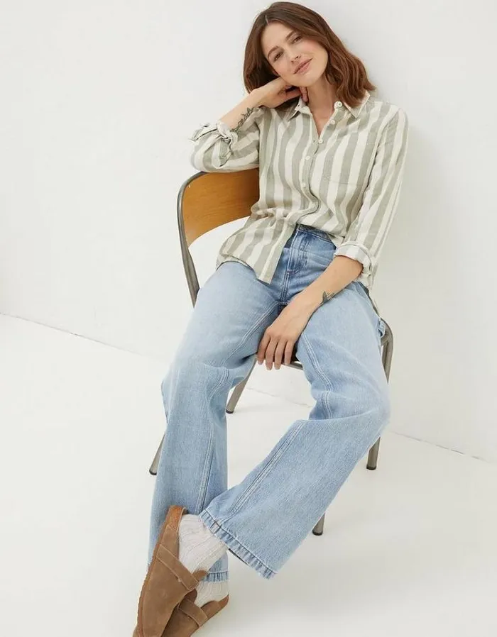 Women FatFace The Coord Collection Olivia Stripe Linen Blend Shirt Green