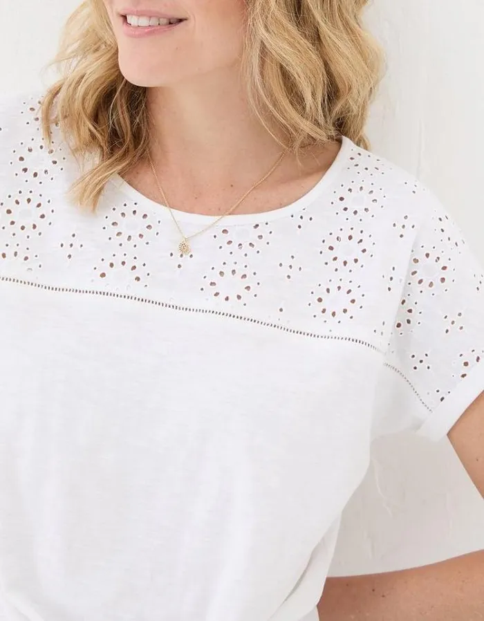 Women FatFace Tops and TShirts Fran Broderie Tie Front TShirt White