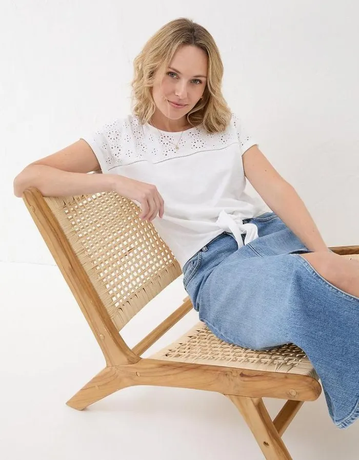 Women FatFace Tops and TShirts Fran Broderie Tie Front TShirt White