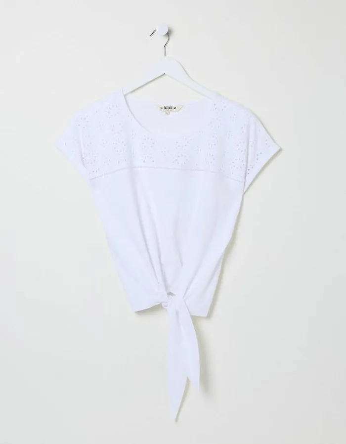 Women FatFace Tops and TShirts Fran Broderie Tie Front TShirt White