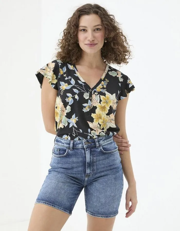 Women FatFace Tops and TShirts Henley Citrus Floral Frill Top Black