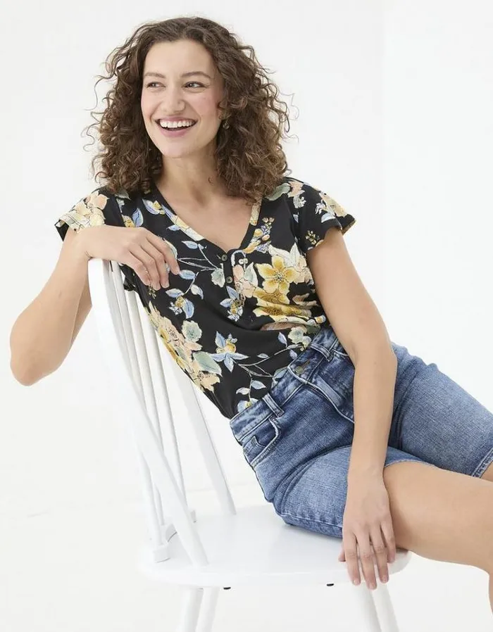 Women FatFace Tops and TShirts Henley Citrus Floral Frill Top Black