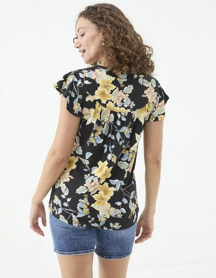 Women FatFace Tops and TShirts Henley Citrus Floral Frill Top Black