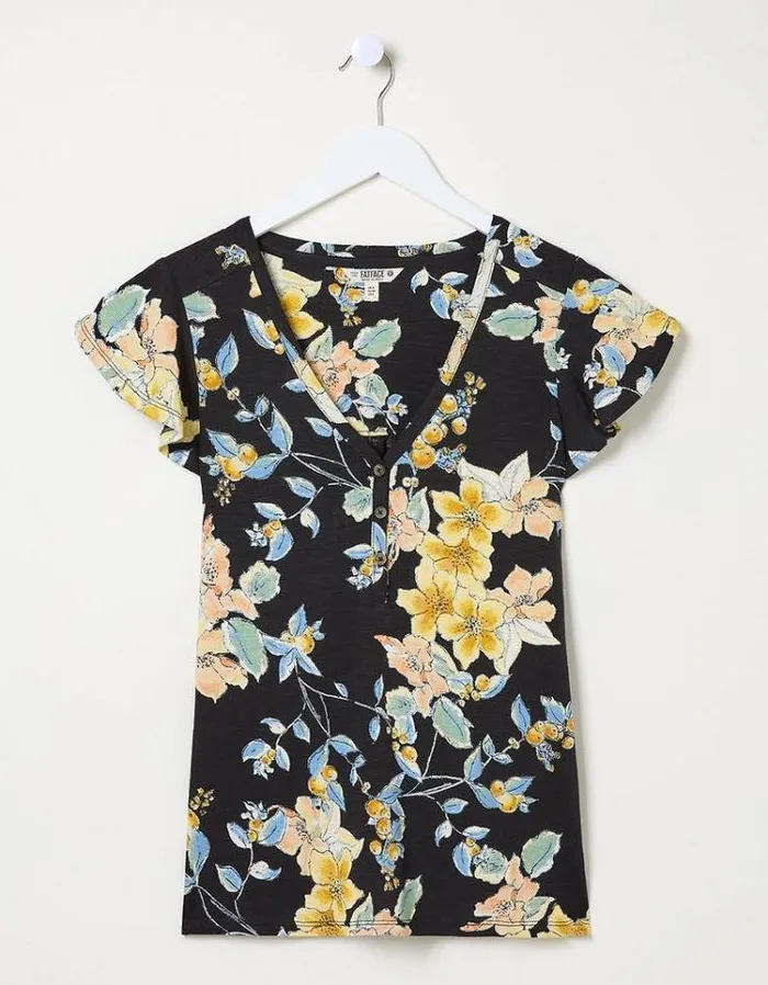 Women FatFace Tops and TShirts Henley Citrus Floral Frill Top Black