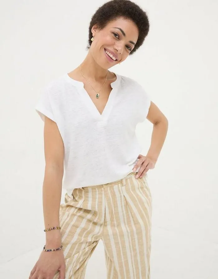 Women FatFace Tops and TShirts Linen Notch Neck TShirt White
