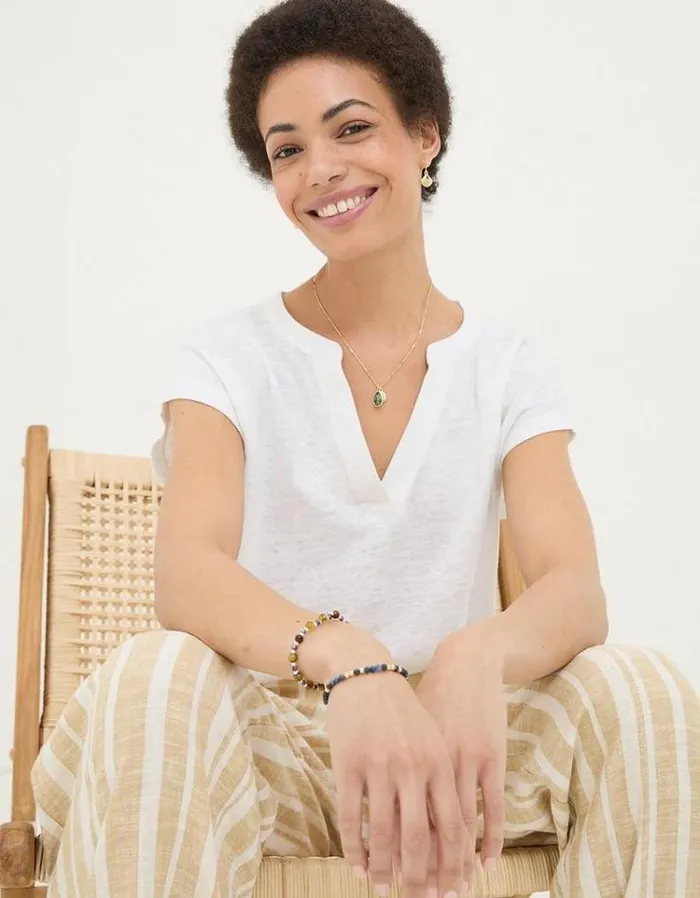 Women FatFace Tops and TShirts Linen Notch Neck TShirt White