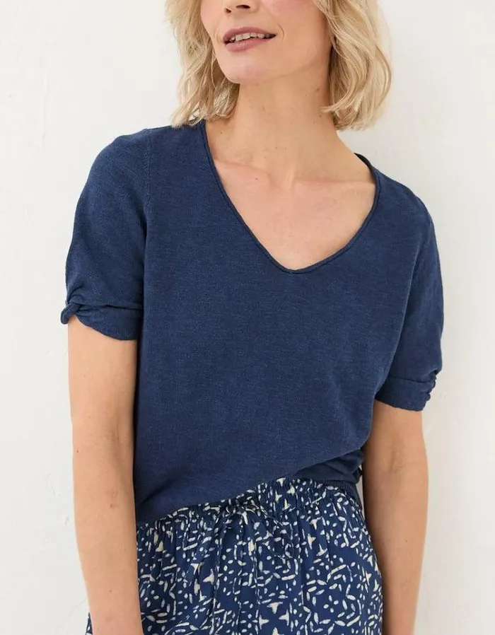 Women FatFace Tops and TShirts Twisted Cuff Knit Tee Navy