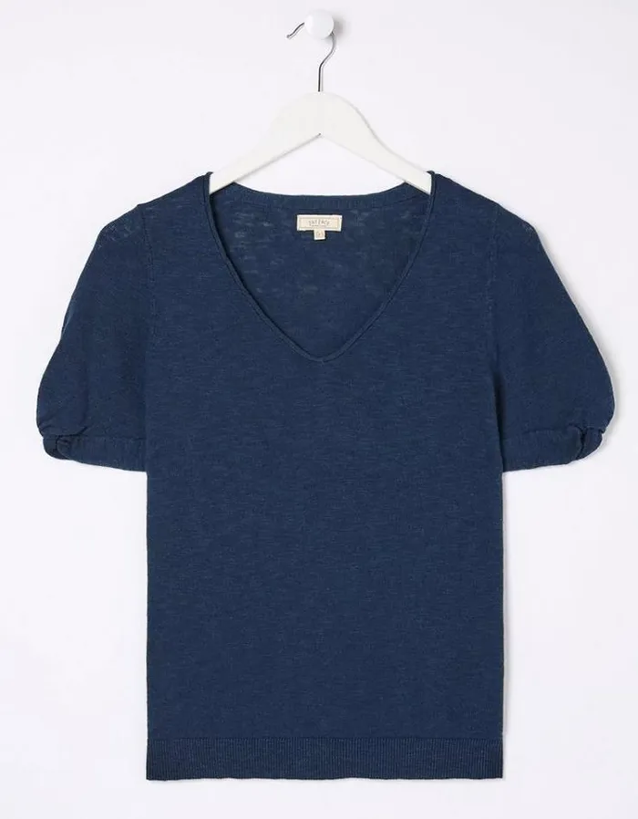 Women FatFace Tops and TShirts Twisted Cuff Knit Tee Navy
