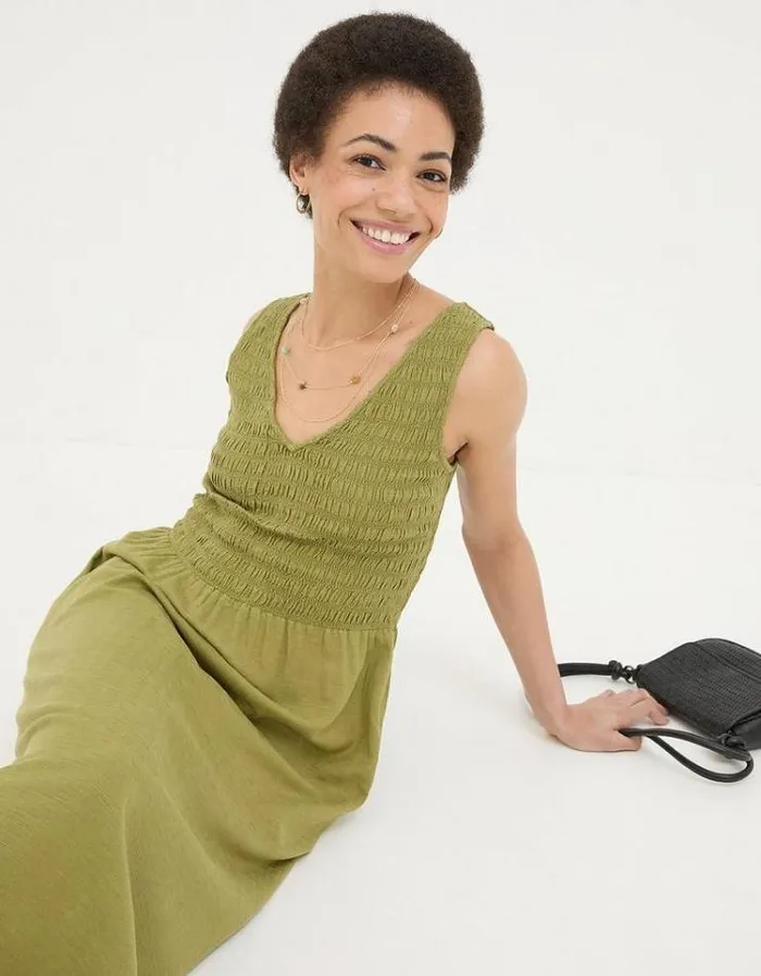 Women FatFace Vacation Shop Aria Midi Dress Olive Green