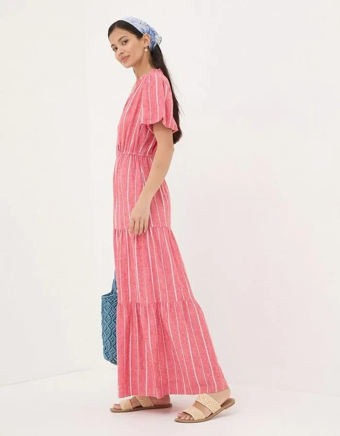Women FatFace Vacation Shop Aubrey Stripe Maxi Dress Raspberry Red
