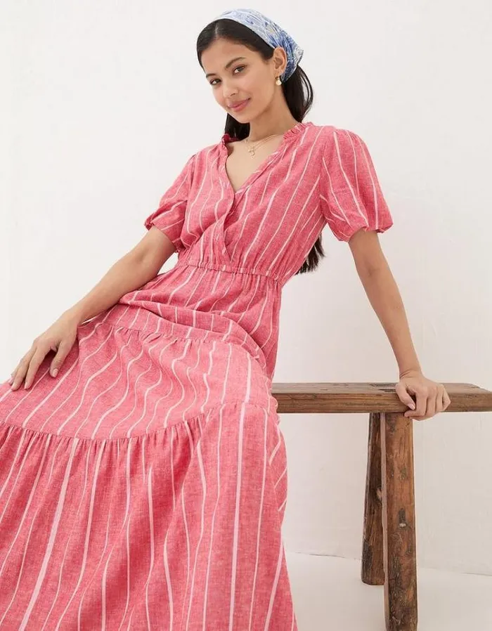 Women FatFace Vacation Shop Aubrey Stripe Maxi Dress Raspberry Red
