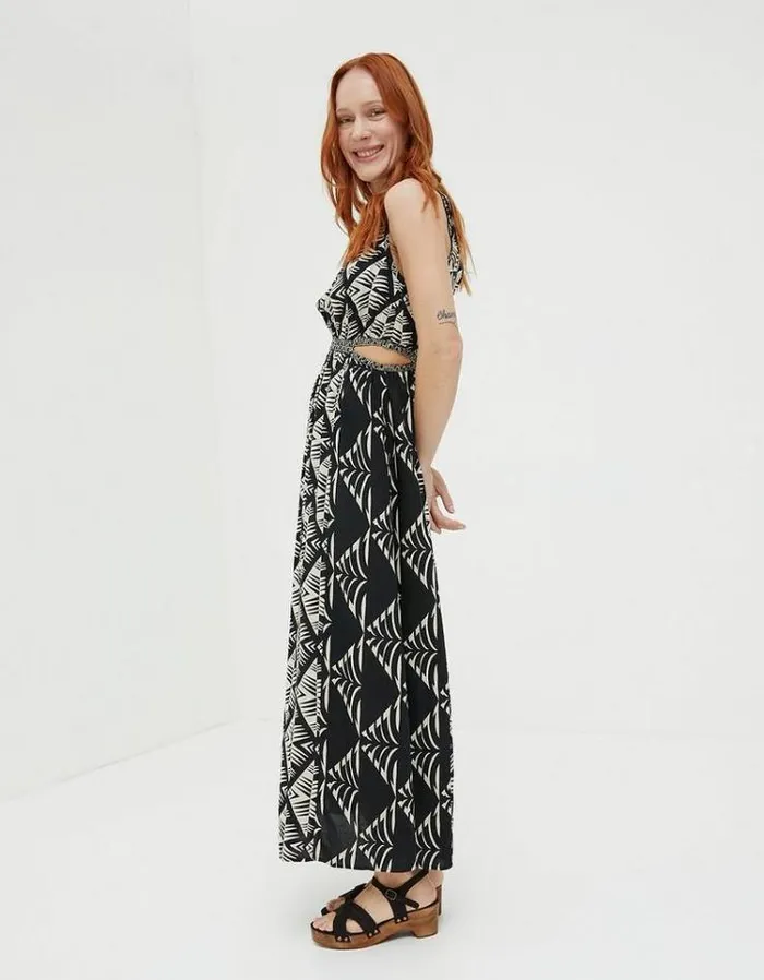 Women FatFace Vacation Shop Harrie Geo Cut Out Midi Dress Black