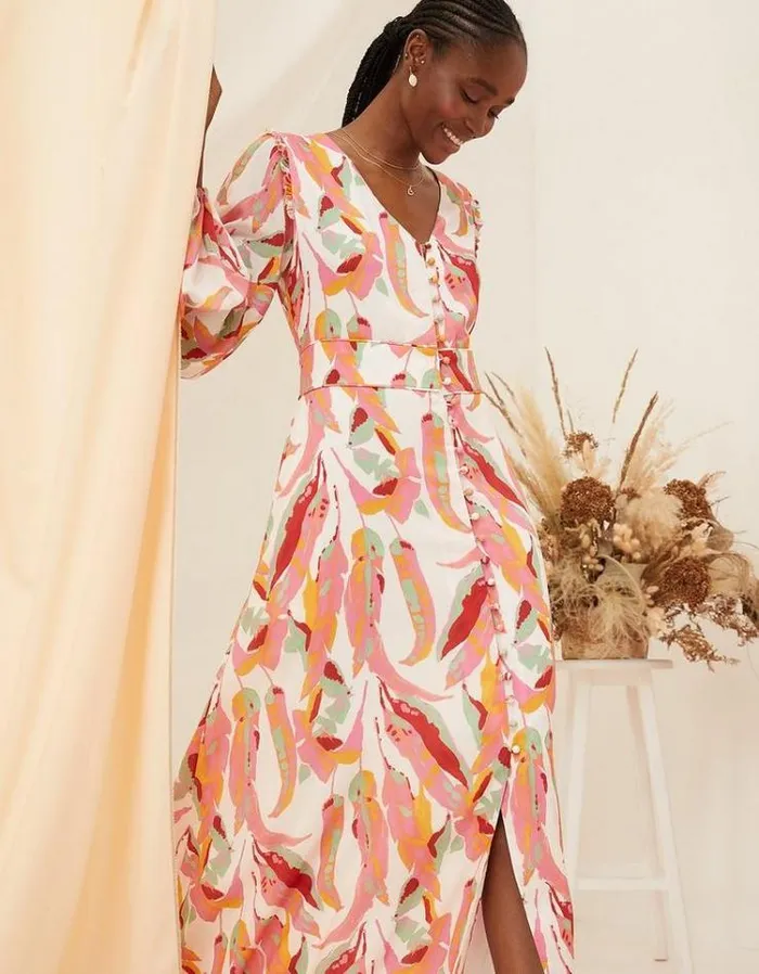 Women FatFace Vacation Shop Peony Painted Leaves Maxi Dress Multi