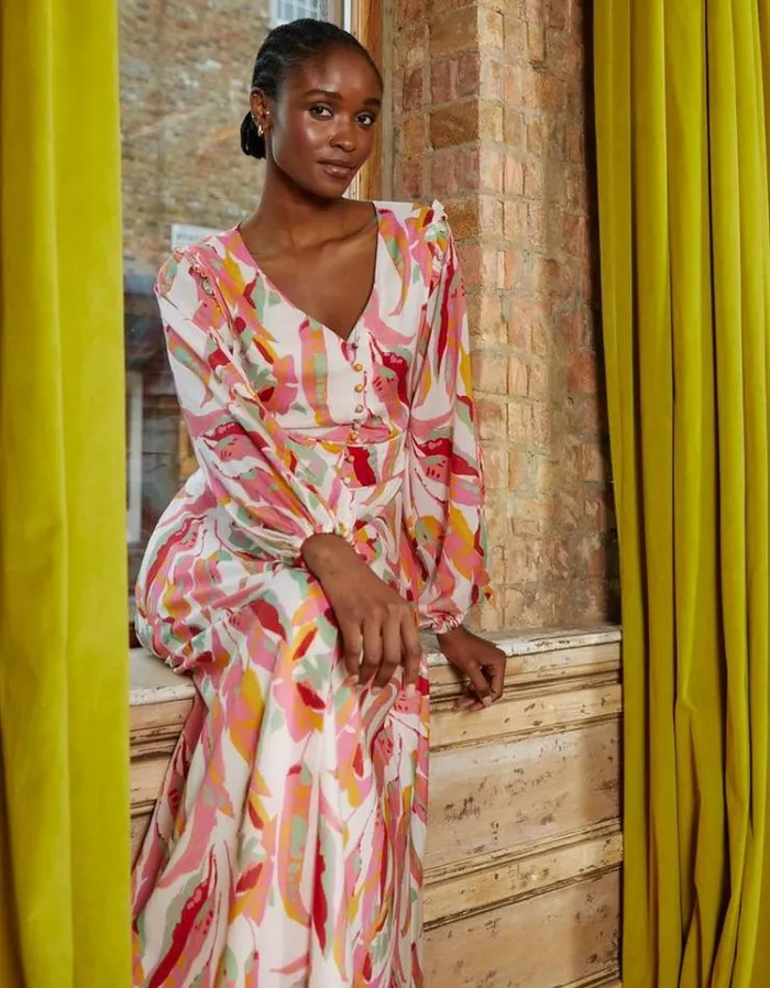 Women FatFace Vacation Shop Peony Painted Leaves Maxi Dress Multi