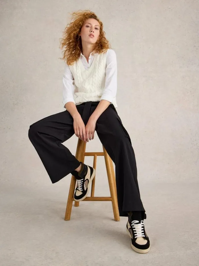 Women Fern Wide Leg Cargo Trouser Pure Black White Stuff Trousers