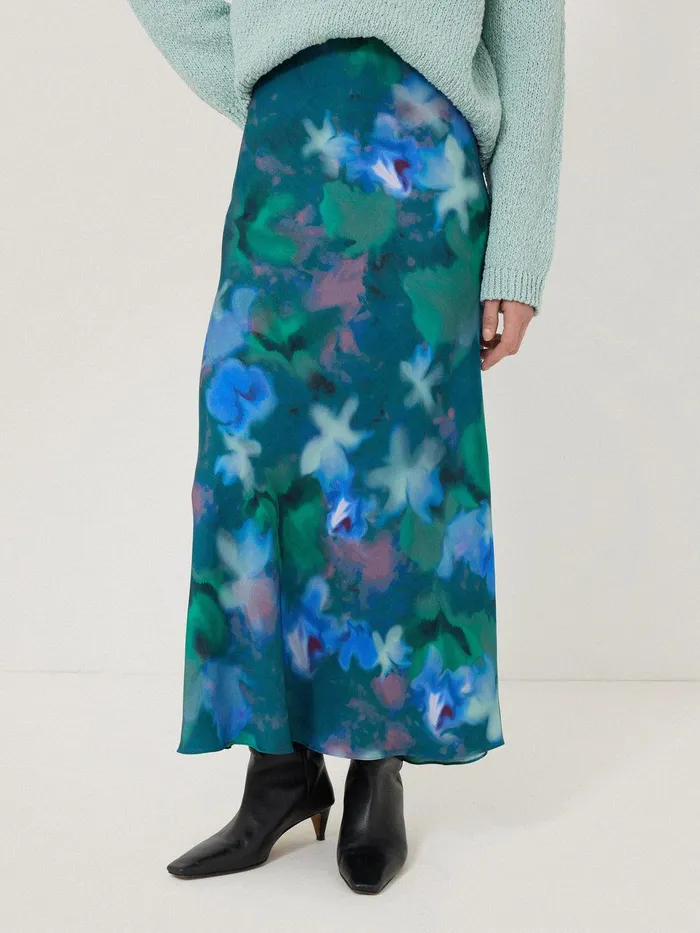 Women Floral Mist Asymmetric Skirt Green Jigsaw Skirts