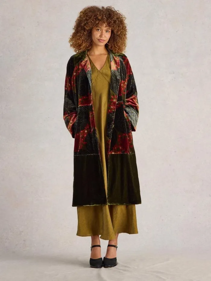Women Freya Velvet Duster Coat Green Print White Stuff Coats and Jackets