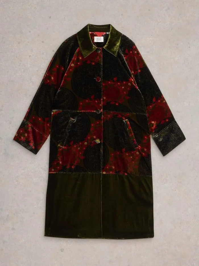 Women Freya Velvet Duster Coat Green Print White Stuff Coats and Jackets Women Freya Velvet Duster Coat Green Print White Stuff Coats and Jackets