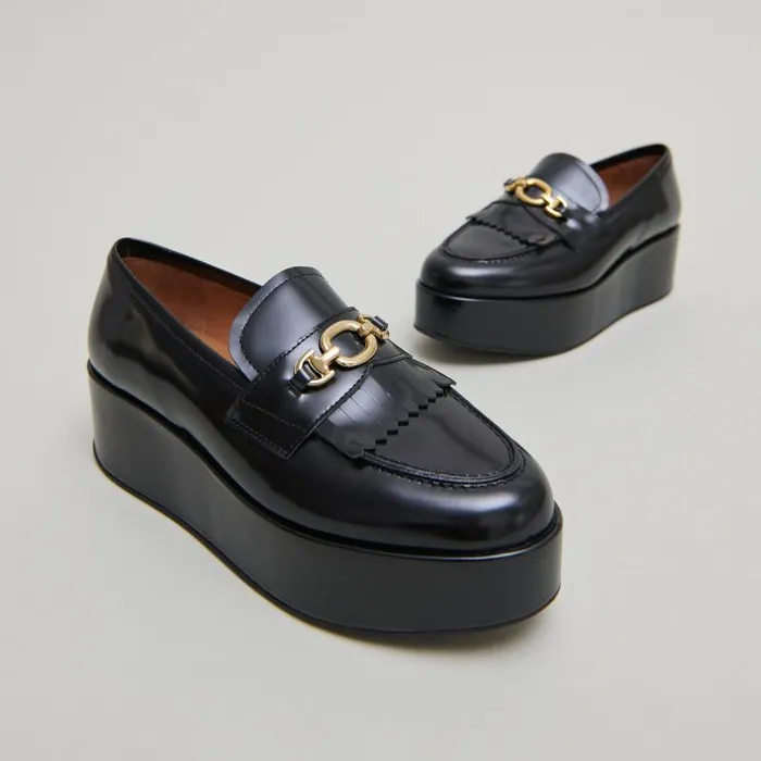 Women Gold Buckle Loafers Black JONAK Loafers