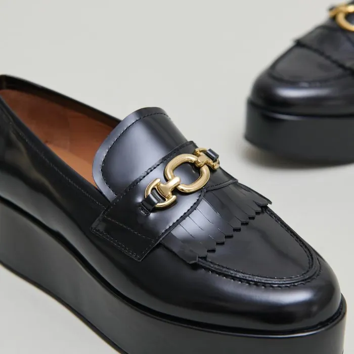 Women Gold Buckle Loafers Black JONAK Loafers