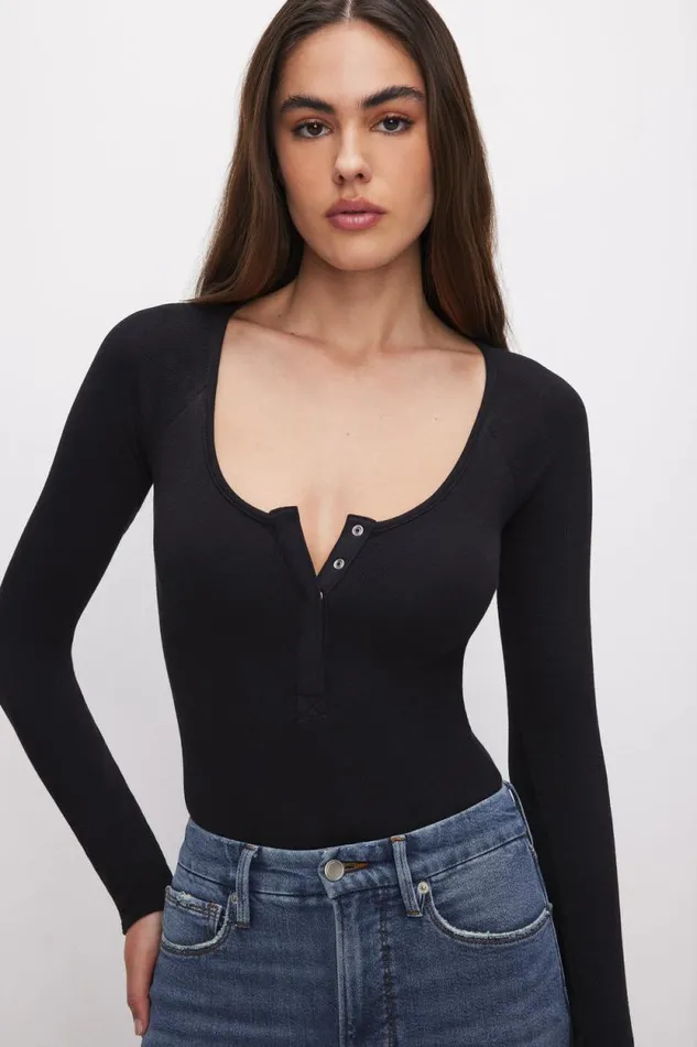 Women GOOD AMERICAN Bodysuits MICRO RIB COTTONBODYSUIT Black001