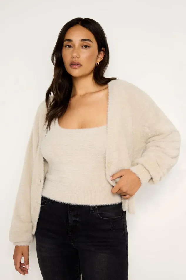 Women GOOD AMERICAN Tops FUZZYCARDIGAN Flax001