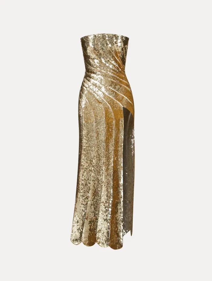 Women Gowns and Caftans Oscar De La Renta Sequin Wave and Scallop Detail Dress Gold
