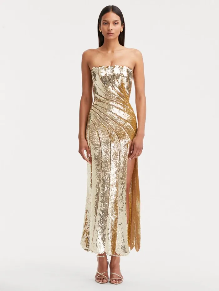 Women Gowns and Caftans Oscar De La Renta Sequin Wave and Scallop Detail Dress Gold Women Gowns and Caftans Oscar De La Renta Sequin Wave and Scallop Detail Dress Gold