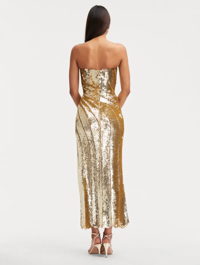 Women Gowns and Caftans Oscar De La Renta Sequin Wave and Scallop Detail Dress Gold Women Gowns and Caftans Oscar De La Renta Sequin Wave and Scallop Detail Dress Gold