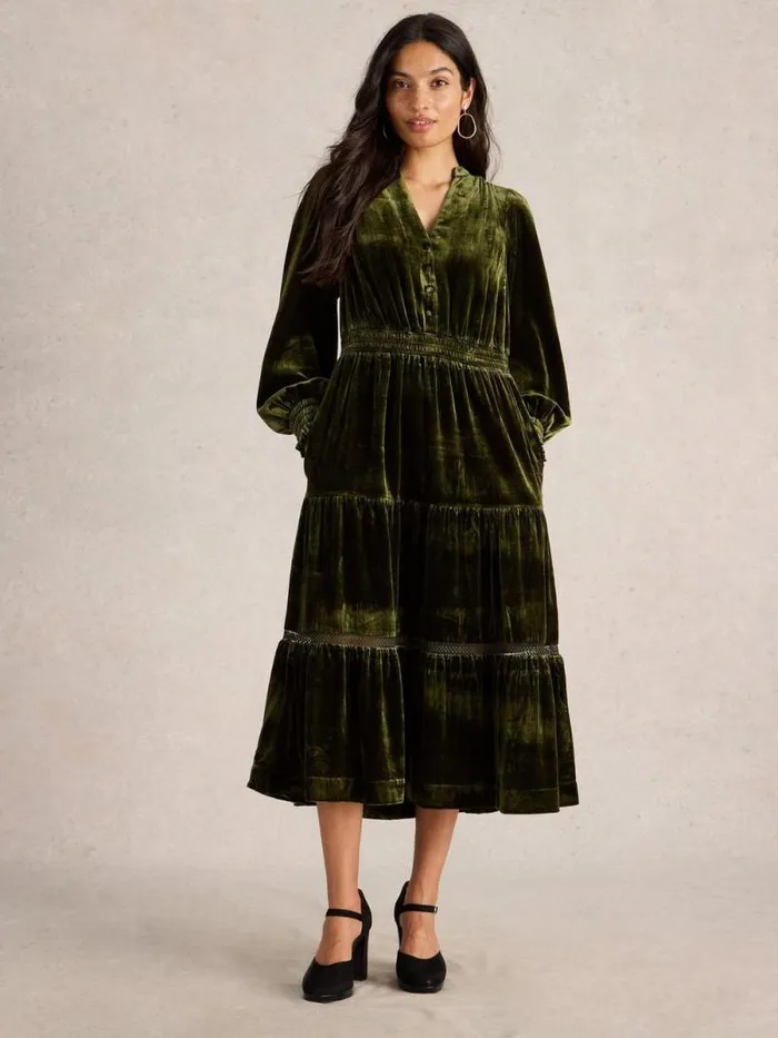 Women Harley Velvet Dress Khaki Green White Stuff Velvet