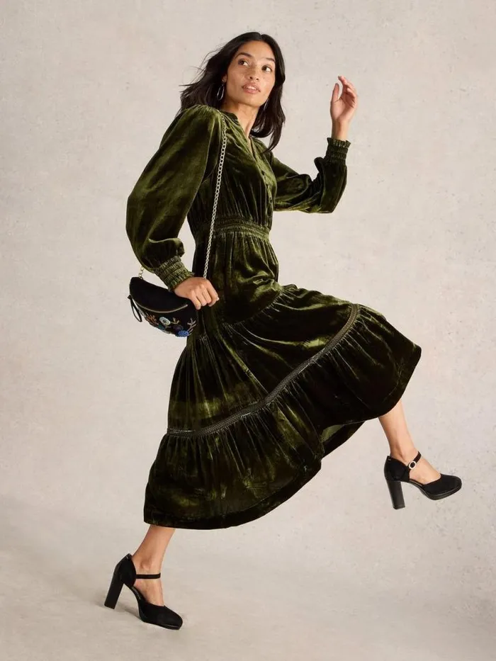 Women Harley Velvet Dress Khaki Green White Stuff Velvet