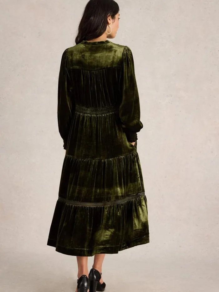 Women Harley Velvet Dress Khaki Green White Stuff Velvet