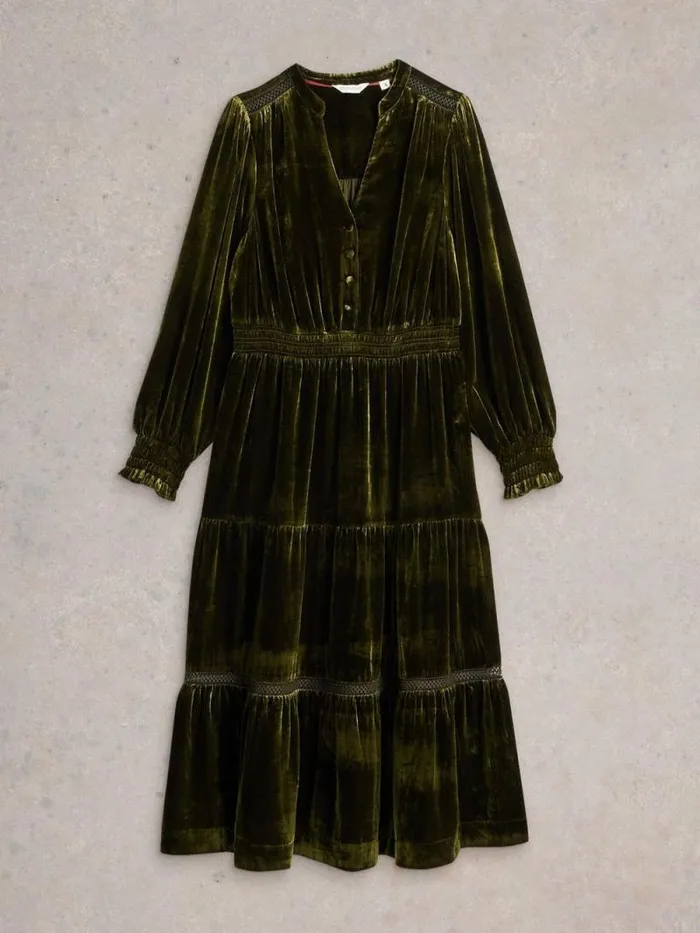 Women Harley Velvet Dress Khaki Green White Stuff Velvet