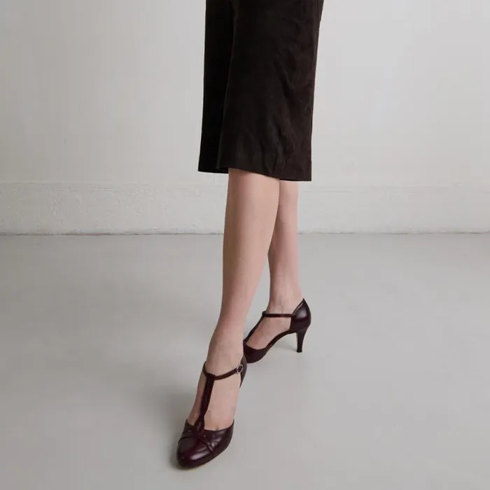 Women Heeled Tbar And Adjustable Buckles Burgundy JONAK Babies Saloms
