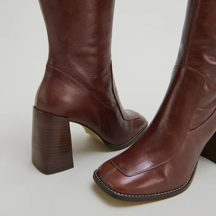 Women High Boots With Square Toes Brown JONAK Boots Thighhigh Boots
