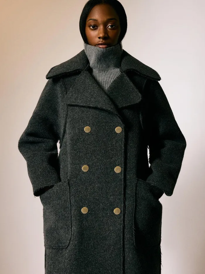 Women Italian Wool Raw Edge Coat Charcoal Jigsaw Coats and Jackets