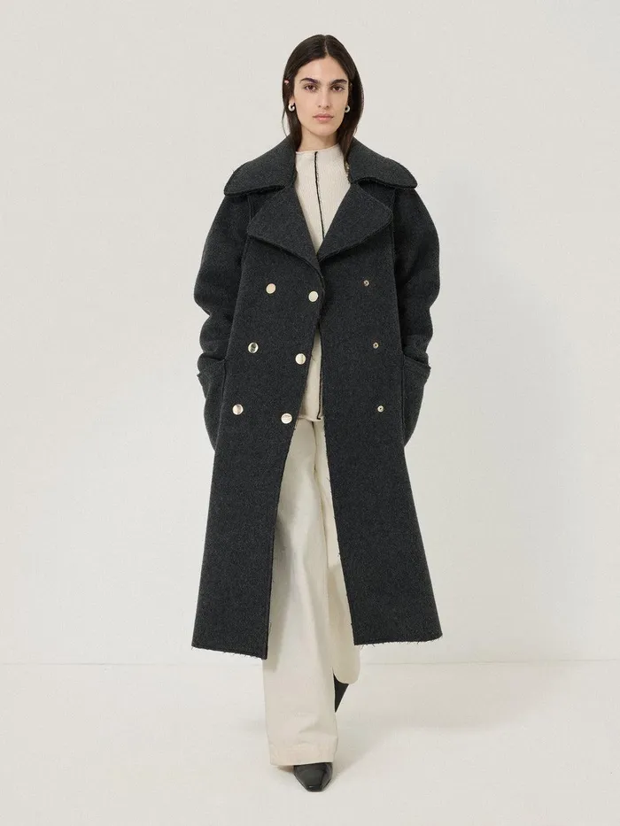 Women Italian Wool Raw Edge Coat Charcoal Jigsaw Coats and Jackets