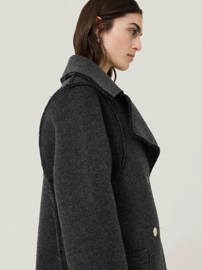 Women Italian Wool Raw Edge Coat Charcoal Jigsaw Coats and Jackets
