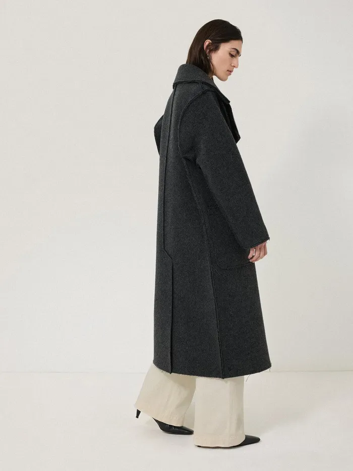 Women Italian Wool Raw Edge Coat Charcoal Jigsaw Coats and Jackets