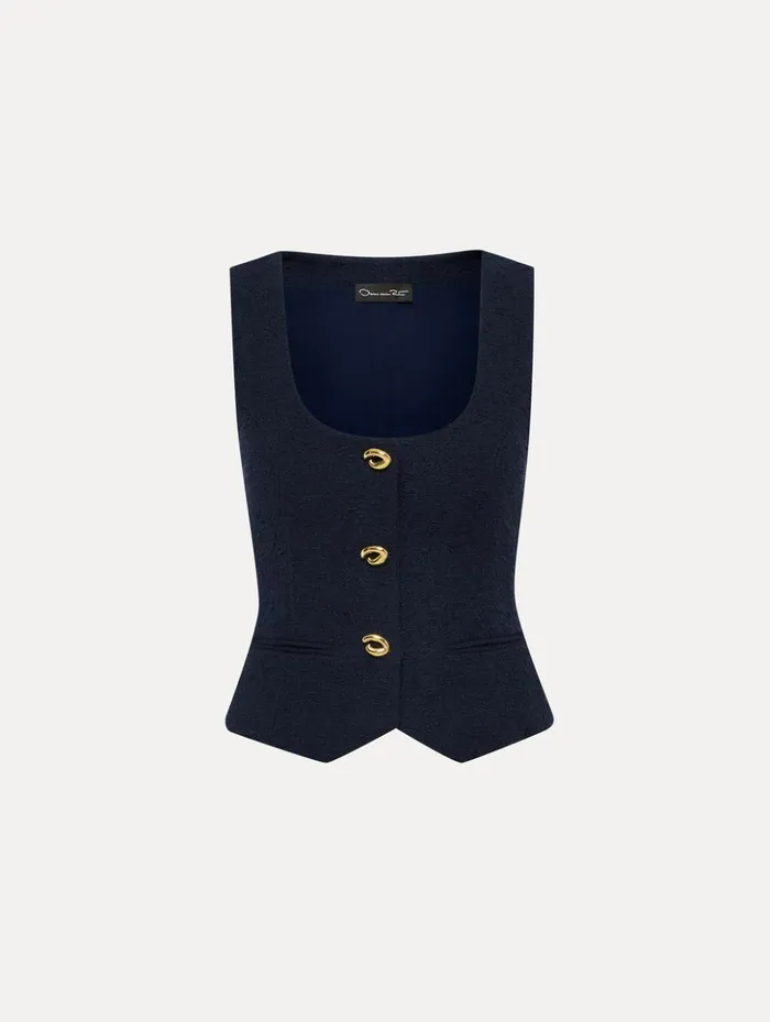 Women Jackets and Coats Oscar De La Renta O Button Cotton Tweed Vest Navy